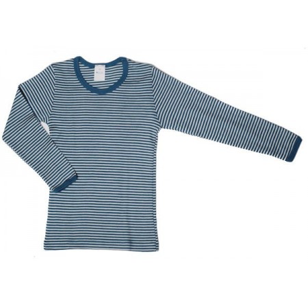 Shirt lange mouw, wol/zijde, petrol streep (92-164)