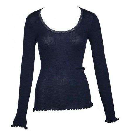 Shirt lange mouw, wol/zijde met kantje, nachtblauw (S-XL)