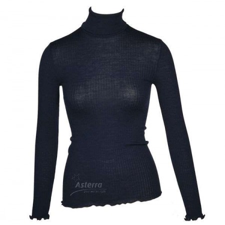Shirt lange mouw, wol/zijde met kol, nachtblauw  (XS-XL)