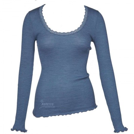 Shirt lange mouw, wol/zijde met kantje, azzurro (S-XL)
