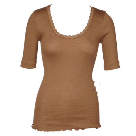 Shirt korte mouw met kant, wol/zijde, camel (S-XL)