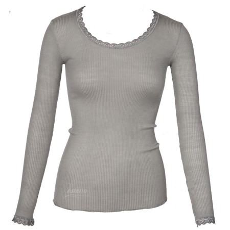 Shirt lange mouw, wol/zijde met kantje, grijs (S-L)